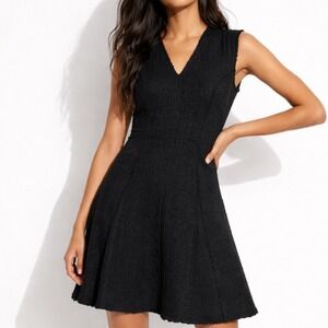 Rebecca Taylor Black Textured V Neck Sleeveless Fit Flare Dress 6 Classic Preppy